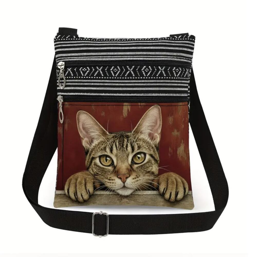 Cat Print Crossbody Bag Aztec Stripe Boho Purse Adjustable Strap Dual Zipper New